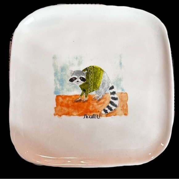 Rae Dunn Raccoon Sweaters Ceramic Square Serving Plate - Picture 3 of 5